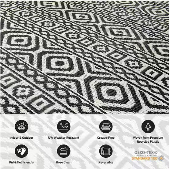 Hawaii Black 8 ft. x 10 ft. Contemporary Geometric Reversible Plastic Outdoor Area Rug