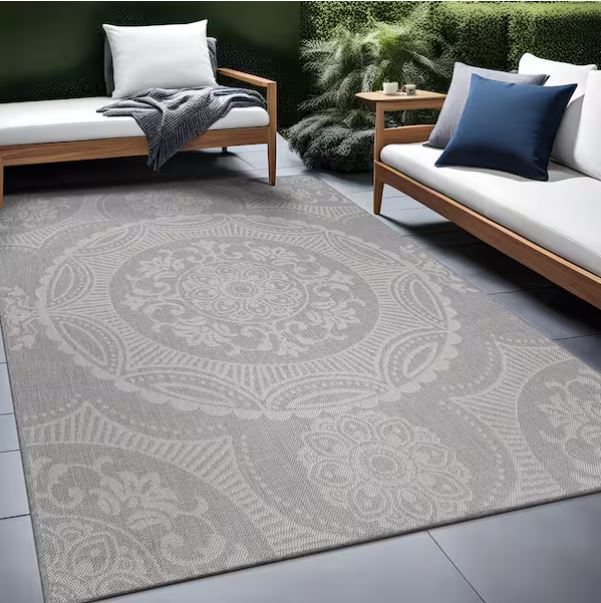 Waikiki Grey/White 8 ft. x 10 ft. Medallion Indoor/Outdoor Area Rug