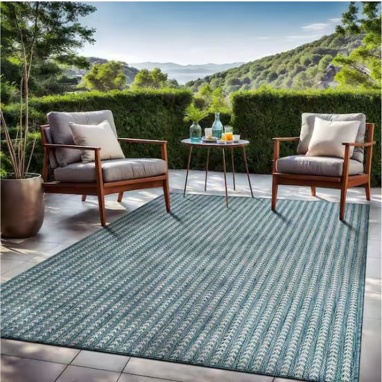 Arrow Aqua 8 ft. x 10 ft. Chevron Striped Washable Indoor Outdoor Area Rug