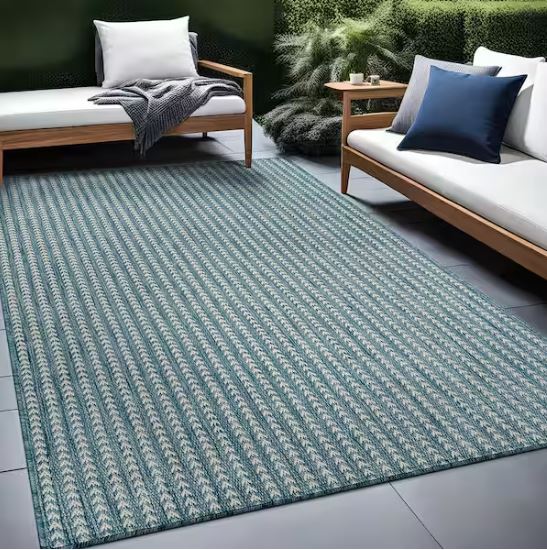 Arrow Aqua 8 ft. x 10 ft. Chevron Striped Washable Indoor Outdoor Area Rug