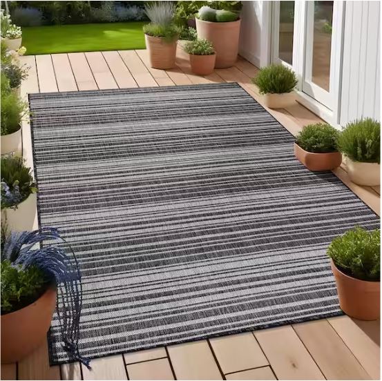 Waikiki Dark Grey/White 6 ft. x 9 ft. Stripe Indoor/Outdoor Area Rug