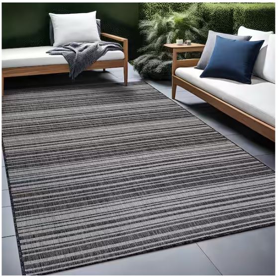 Waikiki Dark Grey/White 6 ft. x 9 ft. Stripe Indoor/Outdoor Area Rug