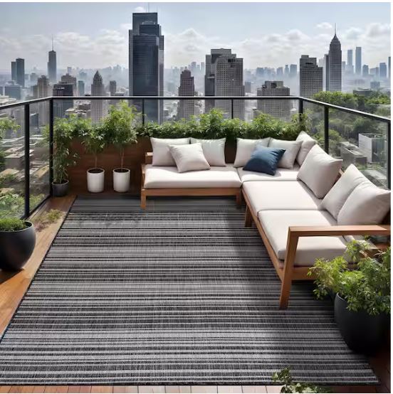 Waikiki Dark Grey/White 6 ft. x 9 ft. Stripe Indoor/Outdoor Area Rug