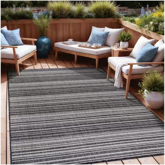 Waikiki Dark Grey/White 6 ft. x 9 ft. Stripe Indoor/Outdoor Area Rug