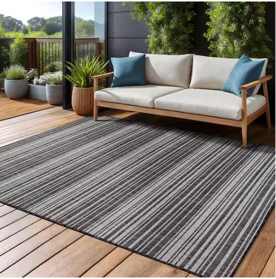 Waikiki Dark Grey/White 6 ft. x 9 ft. Stripe Indoor/Outdoor Area Rug