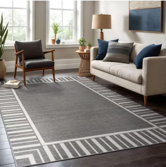 Edge Gray 6 ft. x 9 ft. Rubber Back Washable Geometric Border Indoor Outdoor Patio Area Rug