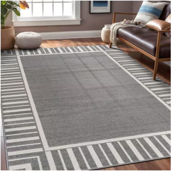 Edge Gray 6 ft. x 9 ft. Rubber Back Washable Geometric Border Indoor Outdoor Patio Area Rug