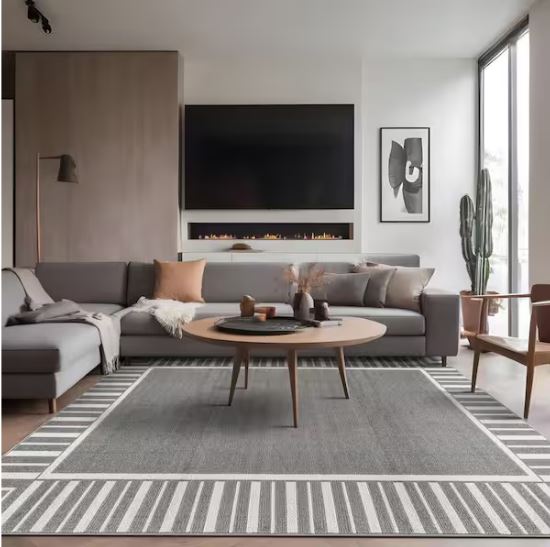 Edge Gray 6 ft. x 9 ft. Rubber Back Washable Geometric Border Indoor Outdoor Patio Area Rug