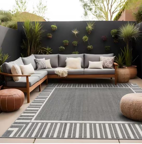 Edge Gray 6 ft. x 9 ft. Rubber Back Washable Geometric Border Indoor Outdoor Patio Area Rug