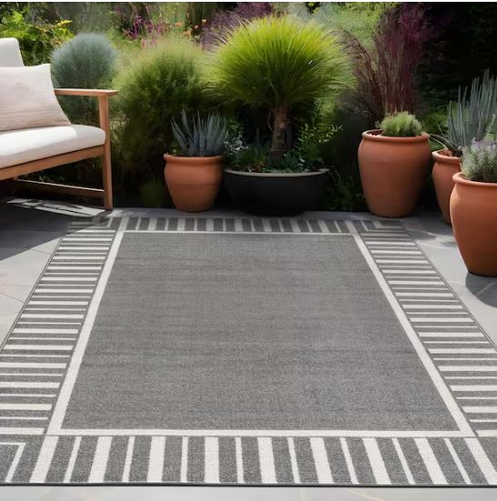 Edge Gray 6 ft. x 9 ft. Rubber Back Washable Geometric Border Indoor Outdoor Patio Area Rug