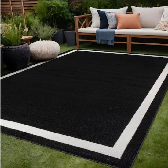 Aura Black 5x7 ft. Rubber Back Washable Modern Bordered Indoor Outdoor Area Rug