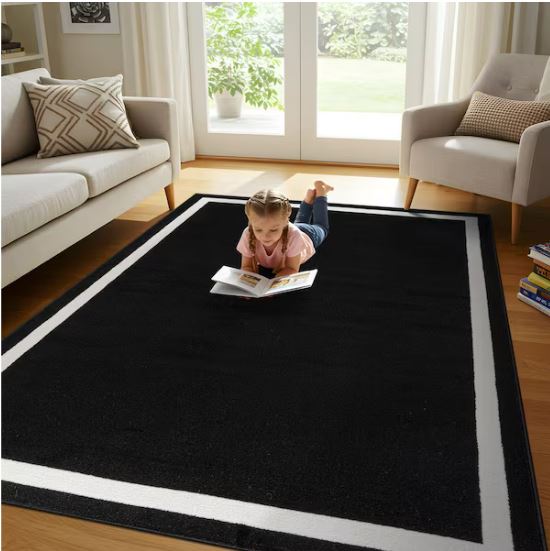 Aura Black 5x7 ft. Rubber Back Washable Modern Bordered Indoor Outdoor Area Rug