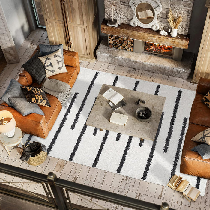 JONATHAN Y Alaro Berber Stripe Shag White/Gray Indoor Area Rug, 8x10, Bohemian, Contemporary, Easy-Cleaning for Living Room, Bedroom, Kitchen, Pet Friendly, Non-Shedding (MOH402A-8)