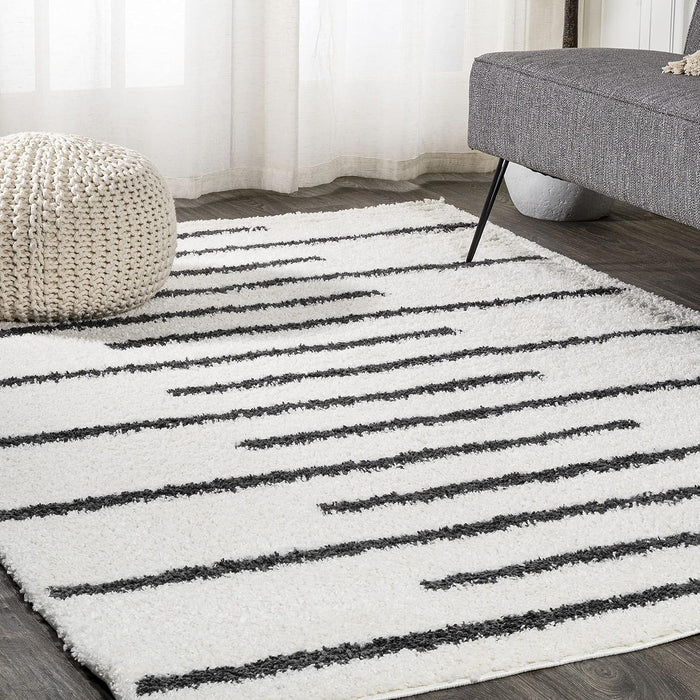 JONATHAN Y Alaro Berber Stripe Shag White/Gray Indoor Area Rug, 8x10, Bohemian, Contemporary, Easy-Cleaning for Living Room, Bedroom, Kitchen, Pet Friendly, Non-Shedding (MOH402A-8)