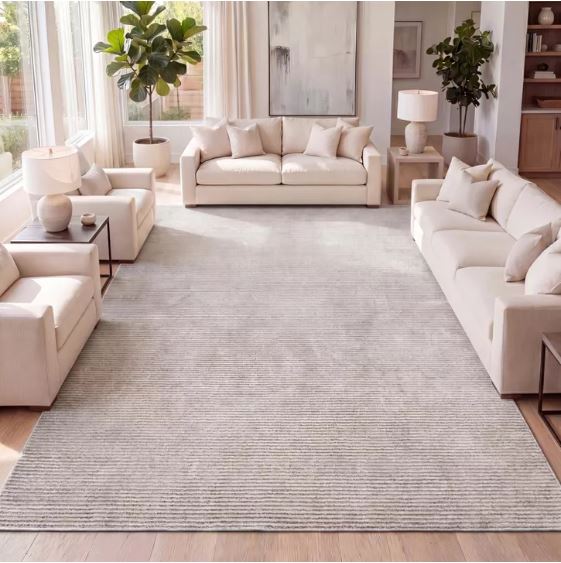 JONATHAN Y Cole Modern Minimalist Pinstripe High-Low Cream/Silver 5 ft. x 8 ft. Indoor Area Rug, Easy-Clean, Soft, Durable, Synthetic Construction