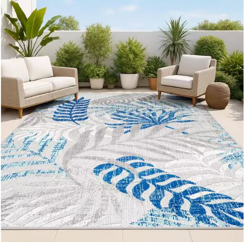 Tropics Palm Leaves Gray/Blue Indoor/Outdoor 8 ft. x 10 ft. Area Rug