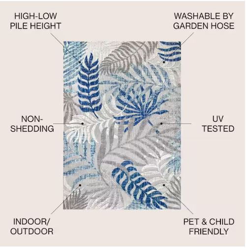 Tropics Palm Leaves Gray/Blue Indoor/Outdoor 8 ft. x 10 ft. Area Rug