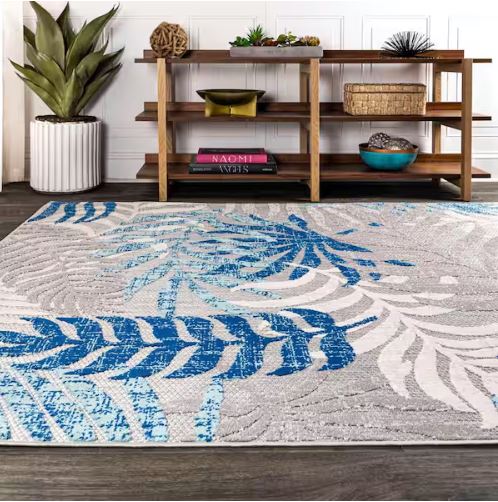 Tropics Palm Leaves Gray/Blue Indoor/Outdoor 8 ft. x 10 ft. Area Rug