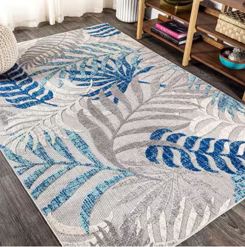 Tropics Palm Leaves Gray/Blue Indoor/Outdoor 8 ft. x 10 ft. Area Rug