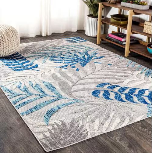 Tropics Palm Leaves Gray/Blue Indoor/Outdoor 8 ft. x 10 ft. Area Rug