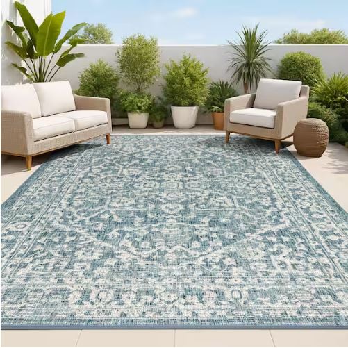 Malta Bohemian Medallion Teal/Gray 5 ft. 3 in. x 7 ft. 7 in. Textured Weave Indoor/Outdoor Area Rug