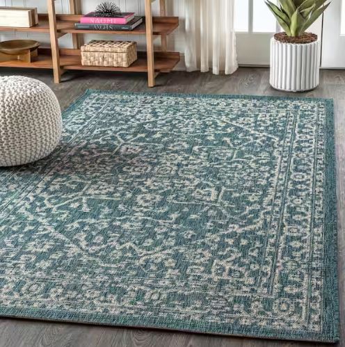 Malta Bohemian Medallion Teal/Gray 5 ft. 3 in. x 7 ft. 7 in. Textured Weave Indoor/Outdoor Area Rug