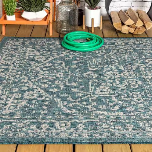 Malta Bohemian Medallion Teal/Gray 5 ft. 3 in. x 7 ft. 7 in. Textured Weave Indoor/Outdoor Area Rug