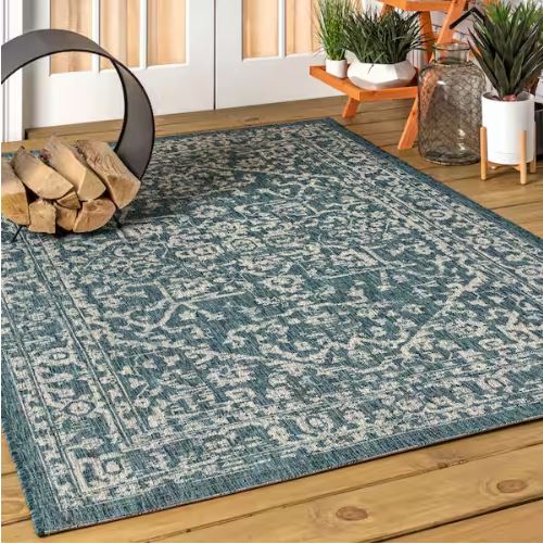 Malta Bohemian Medallion Teal/Gray 5 ft. 3 in. x 7 ft. 7 in. Textured Weave Indoor/Outdoor Area Rug