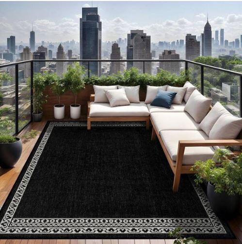 Frame Black 8 ft. x 10 ft. Geometric Bordered Washable Indoor Outdoor Area Rug