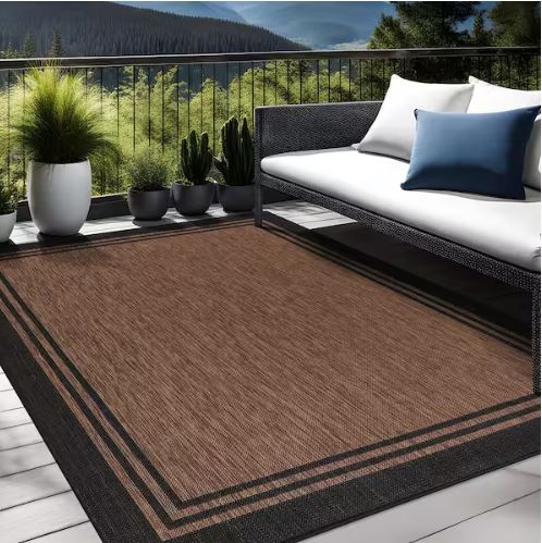 9 X 12 Gold Black Aloha Washable Bordered Indoor Outdoor Area Rug