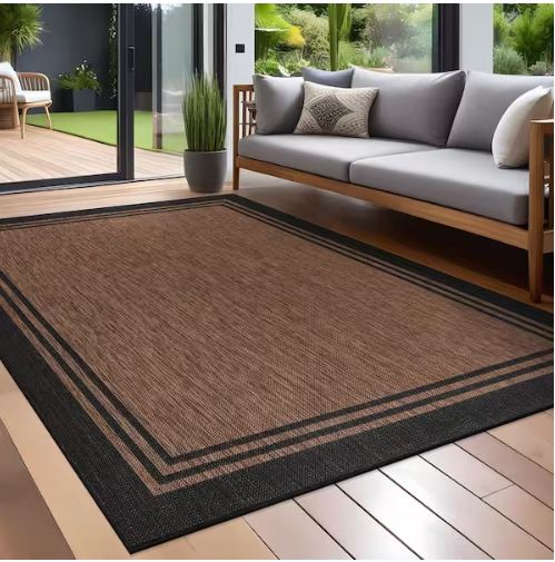 9 X 12 Gold Black Aloha Washable Bordered Indoor Outdoor Area Rug