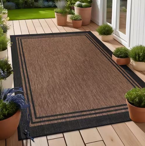 9 X 12 Gold Black Aloha Washable Bordered Indoor Outdoor Area Rug