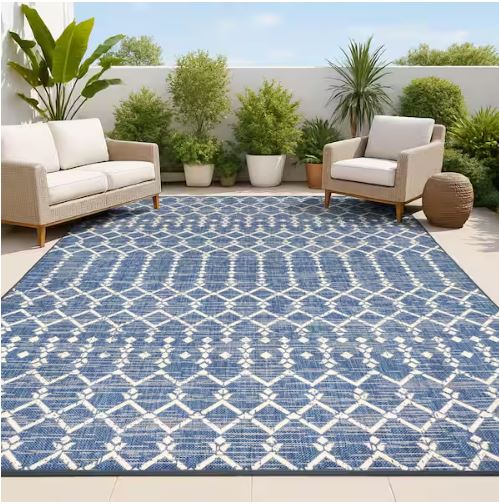 Ourika Moroccan Geometric Textured Weave Navy/Beige 8 ft. x 10 ft. Indoor/Outdoor Area Rug