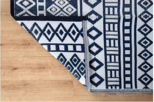 Lightweight White Navy 10 ft. x 14 ft. Moroccan Washable Trellis Reversible Indoor Outdoor Area Rug