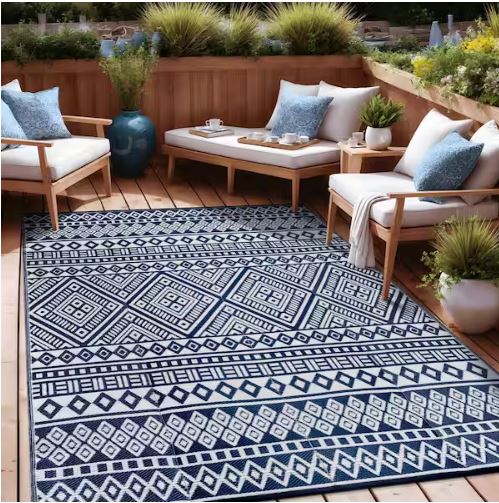 Lightweight White Navy 10 ft. x 14 ft. Moroccan Washable Trellis Reversible Indoor Outdoor Area Rug