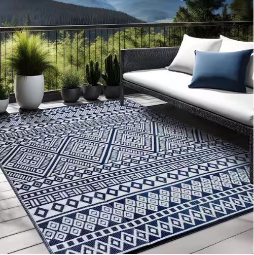 Lightweight White Navy 10 ft. x 14 ft. Moroccan Washable Trellis Reversible Indoor Outdoor Area Rug