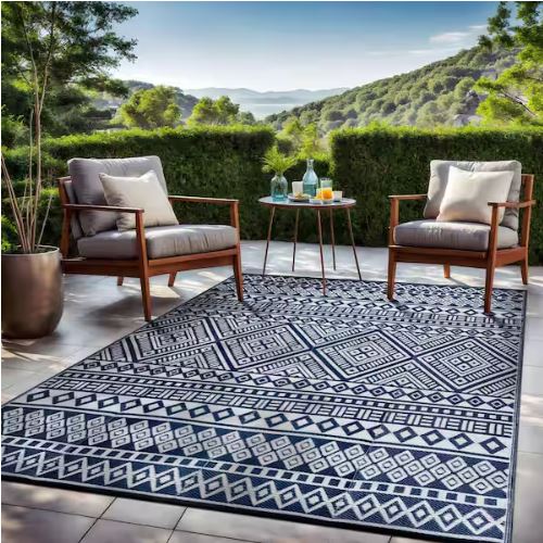 Lightweight White Navy 10 ft. x 14 ft. Moroccan Washable Trellis Reversible Indoor Outdoor Area Rug