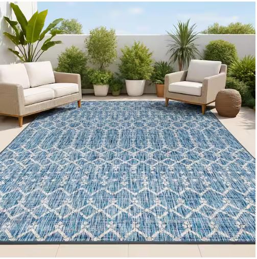 Ourika Moroccan Navy/Light Gray 7 ft. 9 in. x 10 ft. Geometric Textured Weave Indoor/Outdoor Area Rug