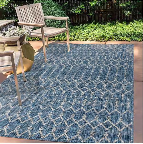 Ourika Moroccan Navy/Light Gray 7 ft. 9 in. x 10 ft. Geometric Textured Weave Indoor/Outdoor Area Rug