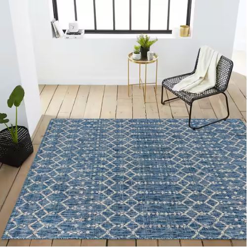 Ourika Moroccan Navy/Light Gray 7 ft. 9 in. x 10 ft. Geometric Textured Weave Indoor/Outdoor Area Rug