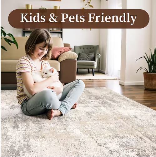 Van Gogh Beige/Grey 5 ft. x 7 ft. Modern Abstract Area Rug