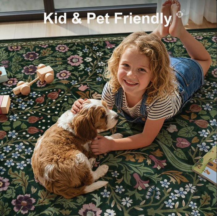 Kaldi Floral Washable Area Rug – Intricate Nature-Inspired Design, Non-Slip Soft Floor Mat for Living Room, Bedroom, and Entryway