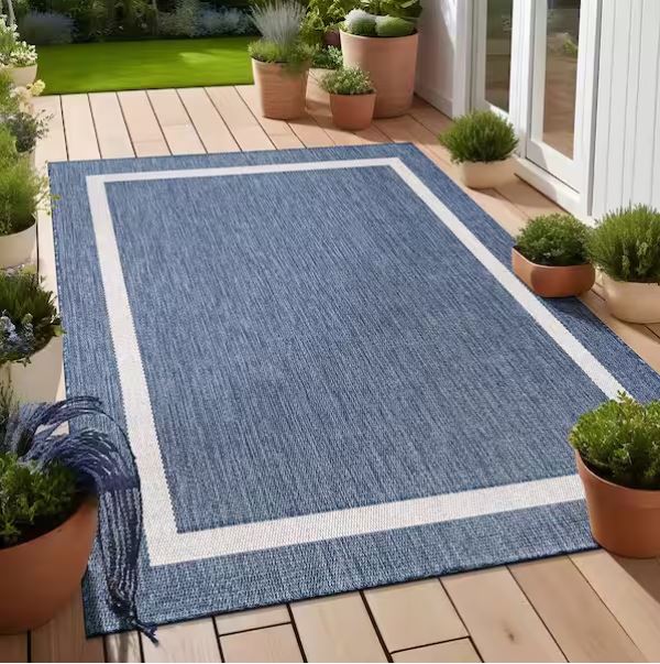 Waikiki Blue/White 8 ft. x 10 ft. Bordered Indoor/Outdoor Area Rug