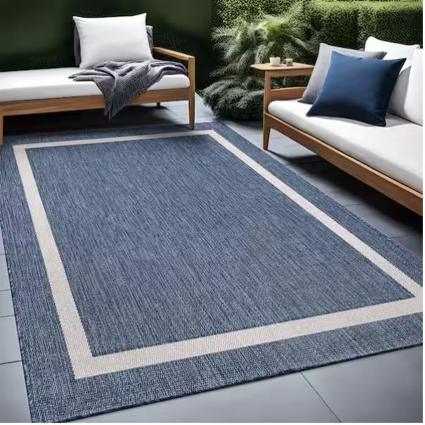 Waikiki Blue/White 8 ft. x 10 ft. Bordered Indoor/Outdoor Area Rug
