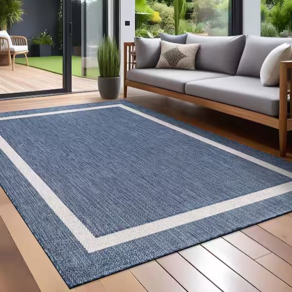 Waikiki Blue/White 8 ft. x 10 ft. Bordered Indoor/Outdoor Area Rug
