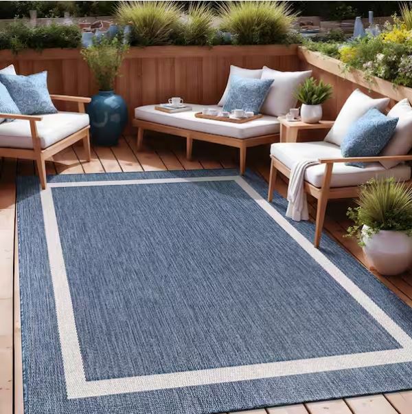Waikiki Blue/White 8 ft. x 10 ft. Bordered Indoor/Outdoor Area Rug