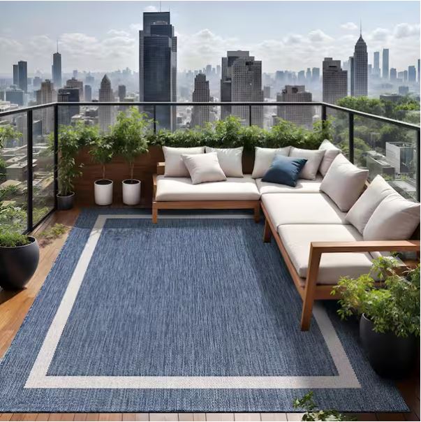 Waikiki Blue/White 8 ft. x 10 ft. Bordered Indoor/Outdoor Area Rug