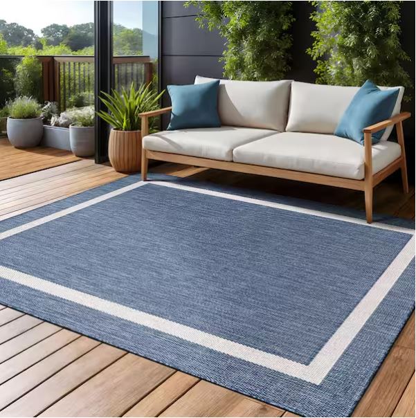 Waikiki Blue/White 8 ft. x 10 ft. Bordered Indoor/Outdoor Area Rug