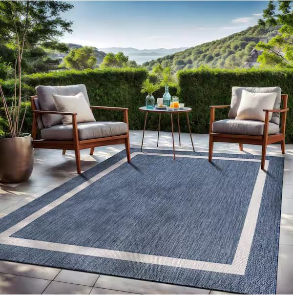 Waikiki Blue/White 8 ft. x 10 ft. Bordered Indoor/Outdoor Area Rug