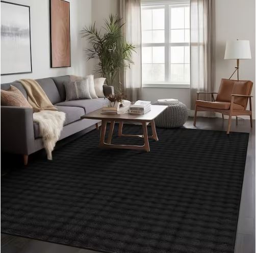 Aurora 8 ft. x 10 ft. Black Non-Slip Rubber Back Washable Polyester Checker Indoor Area Rug